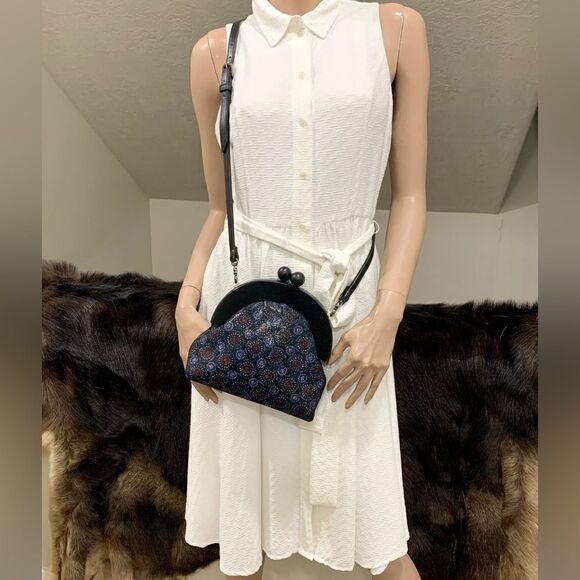 Oriental Style Genuine Leather Starburst Print, Wooden Frame Wristlet/CrossBody - Picture 9 of 16